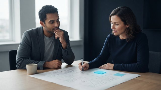 Founder and agency lead reviewing a project roadmap together at a table