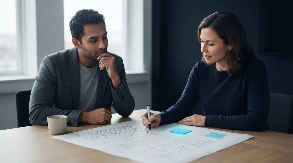 Founder and agency lead reviewing a project roadmap together at a table