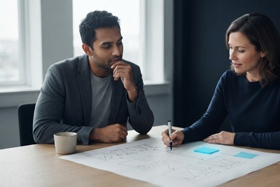 Founder and agency lead reviewing a project roadmap together at a table