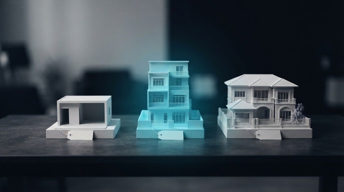Three miniature buildings with price tags on a table: a small plain one, a cyan mid-sized tower and a large villa