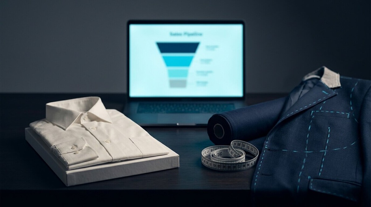 Folded off-the-rack shirt next to a tailored jacket with chalk marks and a measuring tape, a sales pipeline on a laptop behind