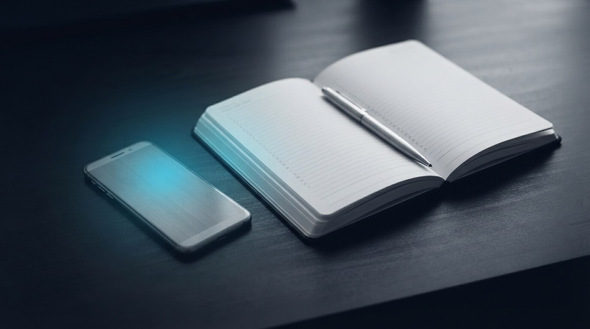 Founder's notebook with a numbered list of interview questions beside a phone mid-call
