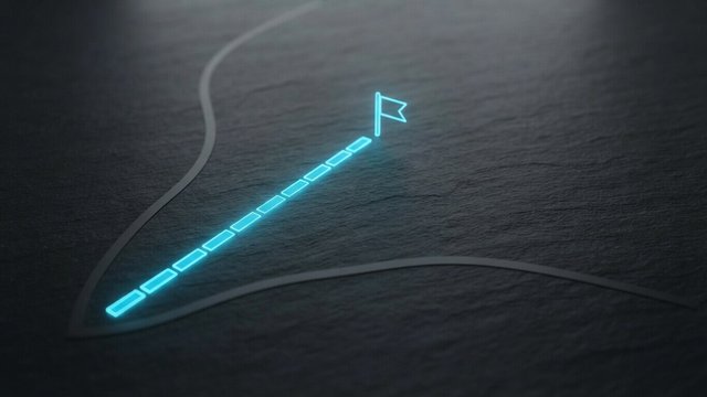 A short glowing cyan path of twelve segments runs straight to a finish flag on dark slate, while two grey paths curve away into the darkness