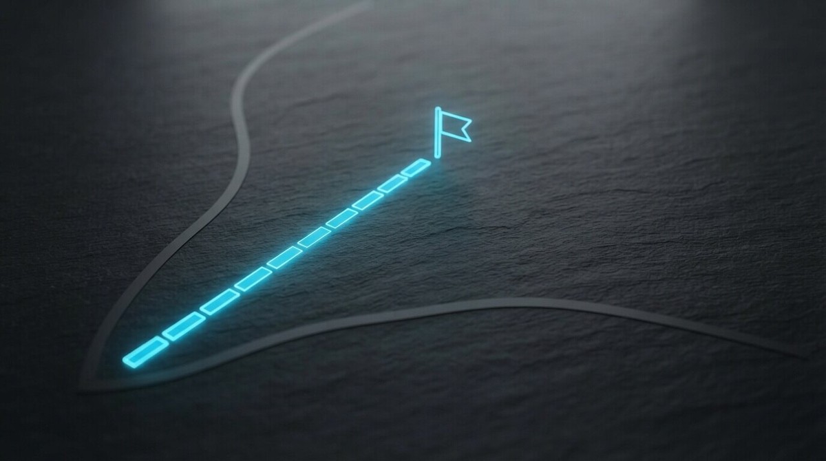 A short glowing cyan path of twelve segments runs straight to a finish flag on dark slate, while two grey paths curve away into the darkness