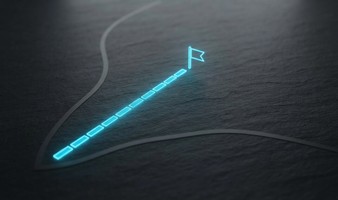 A short glowing cyan path of twelve segments runs straight to a finish flag on dark slate, while two grey paths curve away into the darkness