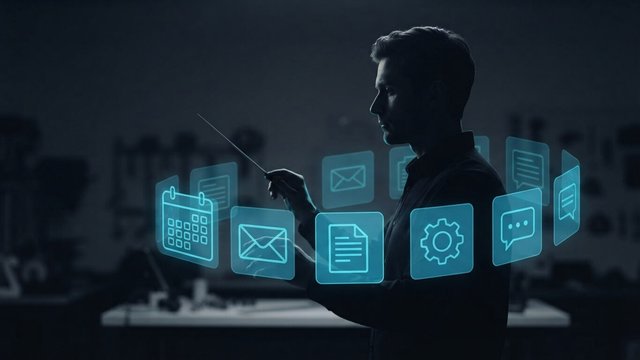 A silhouetted person conducting floating cyan icons for calendar, email, documents, settings and chat like an orchestra