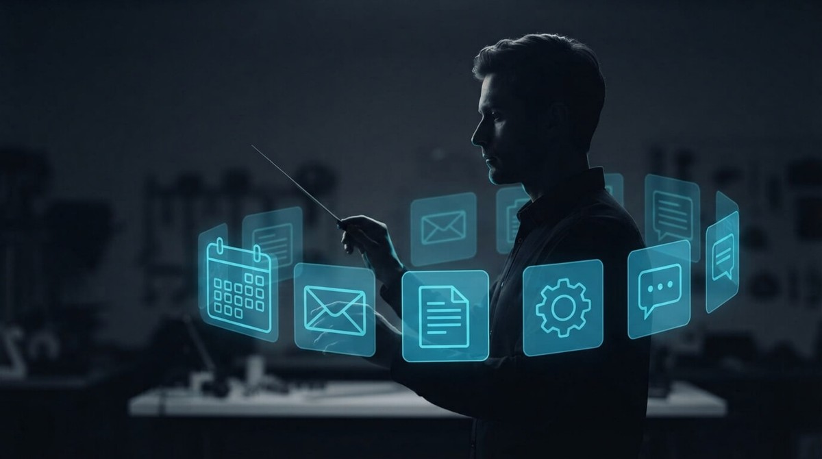 A silhouetted person conducting floating cyan icons for calendar, email, documents, settings and chat like an orchestra