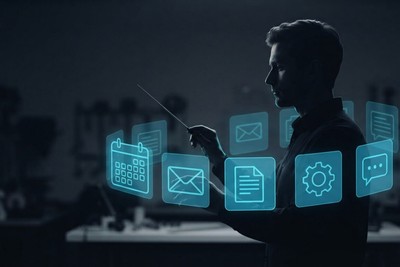 A silhouetted person conducting floating cyan icons for calendar, email, documents, settings and chat like an orchestra