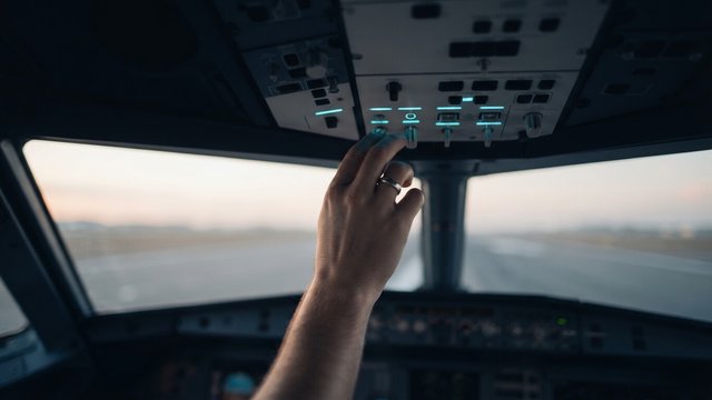 A pilot's hand flipping cockpit overhead switches lit in cyan before takeoff, with a runway visible through the windshield