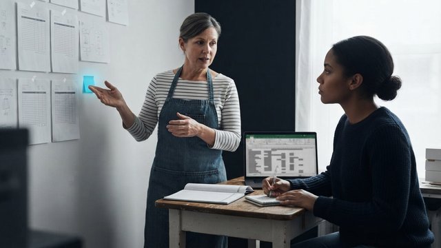 A shop owner explaining a paper-based process beside a wall of order forms while a founder listens and takes handwritten notes