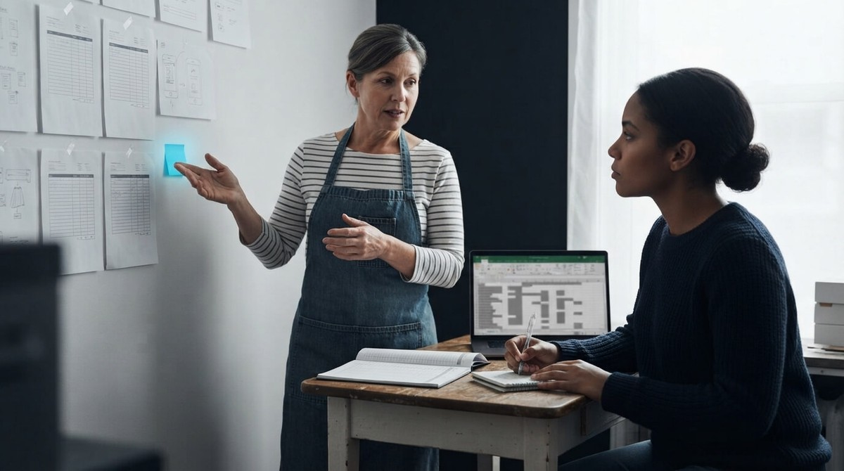 A shop owner explaining a paper-based process beside a wall of order forms while a founder listens and takes handwritten notes