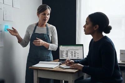 A shop owner explaining a paper-based process beside a wall of order forms while a founder listens and takes handwritten notes