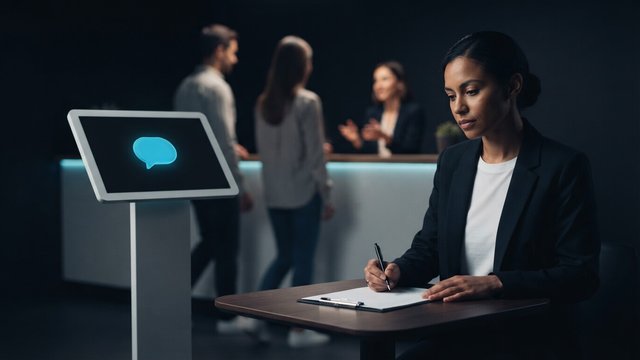 A person writing on a clipboard beside a kiosk showing a cyan chat bubble, while people talk to each other at a reception desk behind