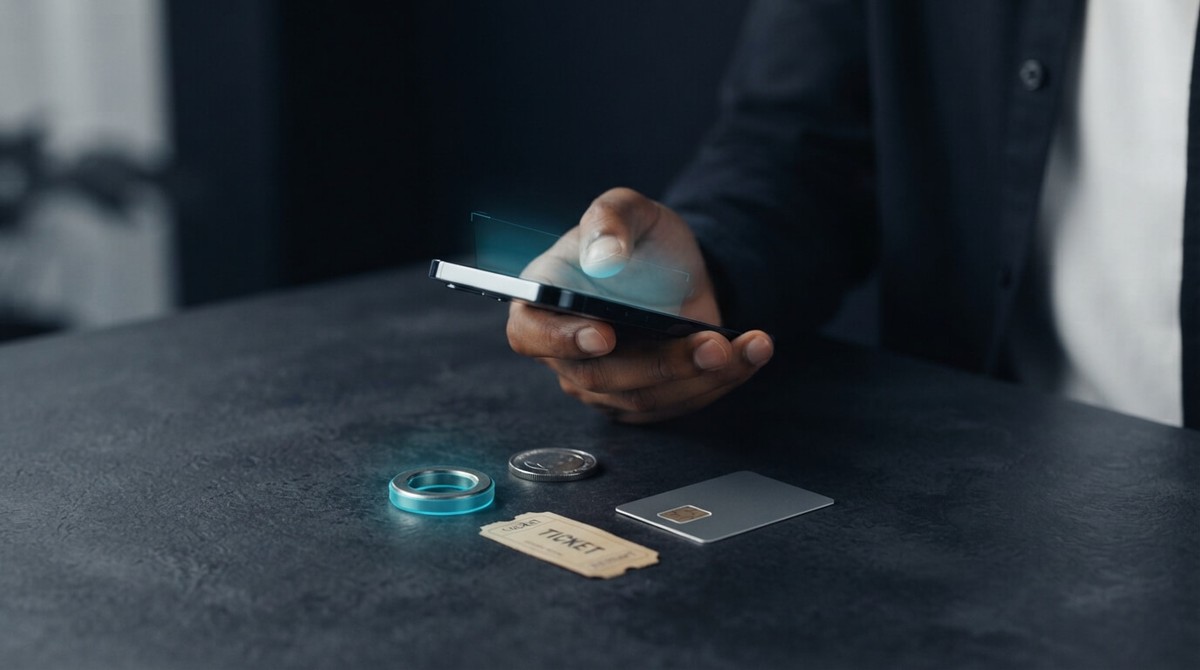A hand holding a phone above a table with a coin, a ticket, a card and a glowing cyan ring, each representing a way to charge for an app