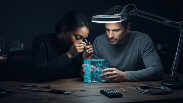 Two auditors inspecting a glowing cyan glass cube etched with circuit patterns, one through a magnifying loupe, under a desk lamp