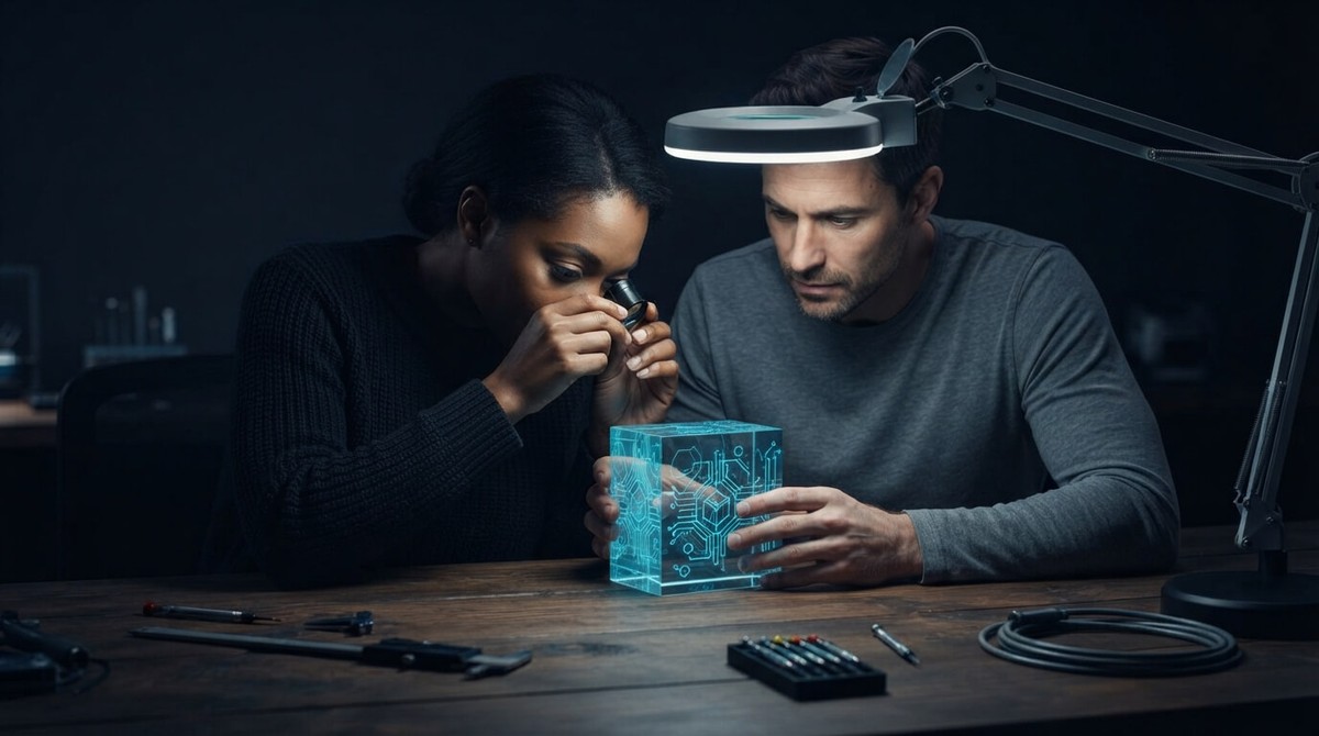 Two auditors inspecting a glowing cyan glass cube etched with circuit patterns, one through a magnifying loupe, under a desk lamp