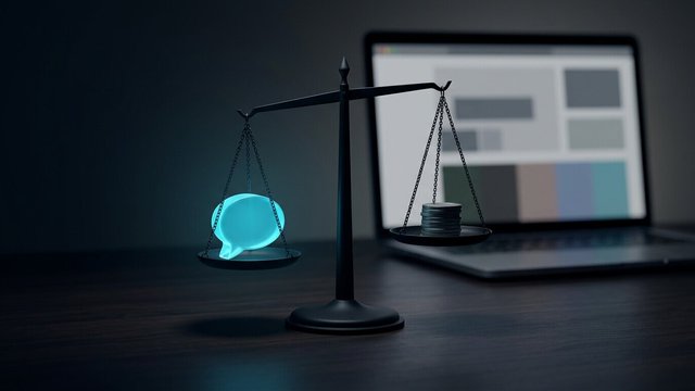 Balance scale weighing a glowing cyan chat bubble against a small stack of coins, with a laptop behind