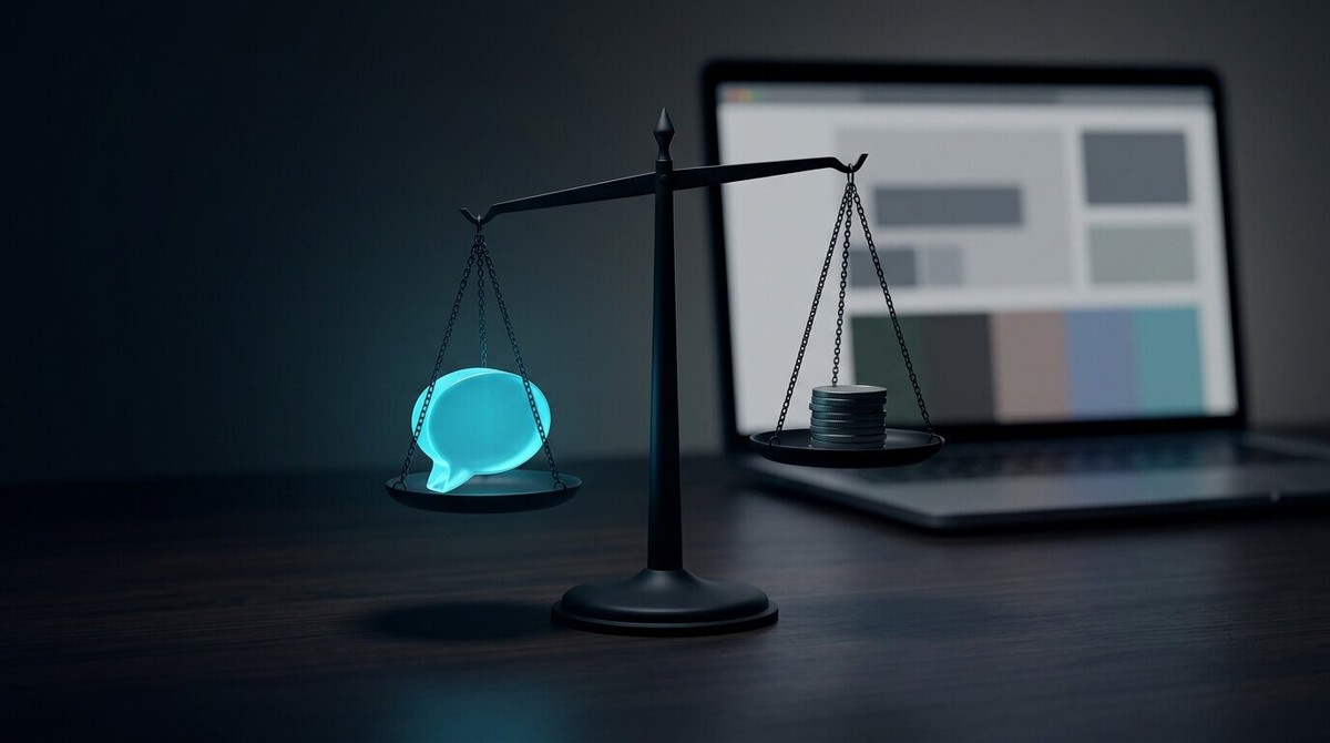 Balance scale weighing a glowing cyan chat bubble against a small stack of coins, with a laptop behind