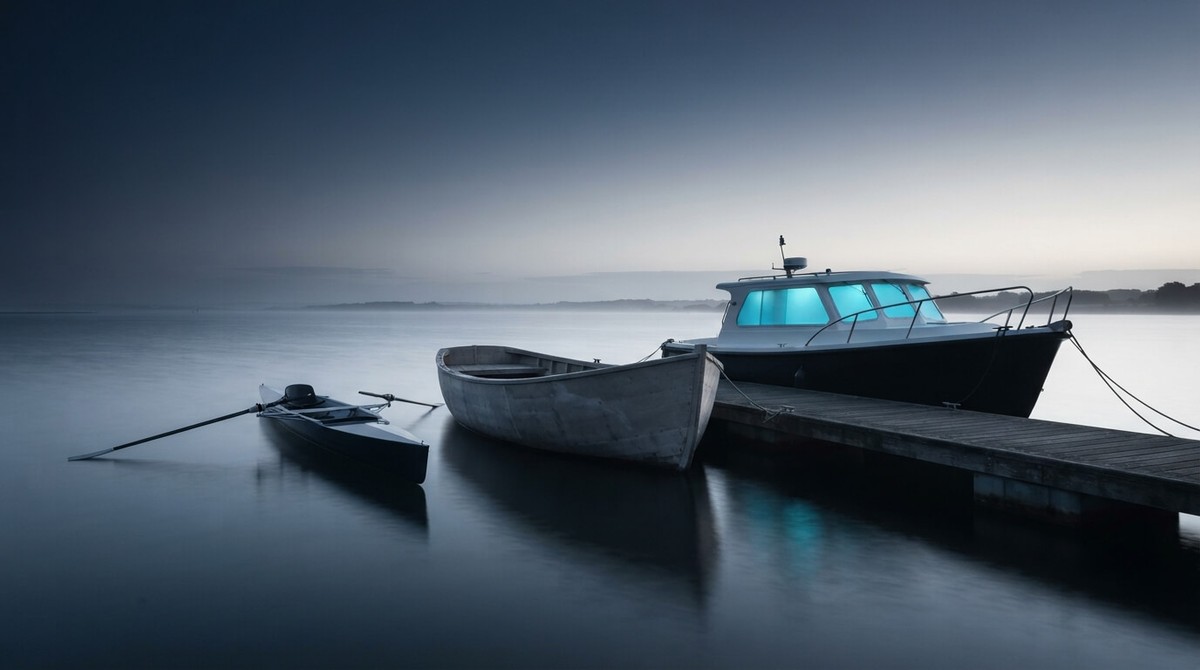 Three boats moored at a jetty in a misty harbor: a slim rowing skiff, a plain unfinished workboat and a motor launch with glowing cyan cabin windows