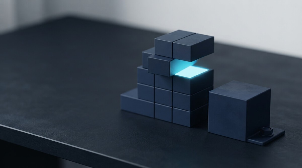 Stepped stack of modular navy blocks with one slid out, beside a single solid block fixed to the desk