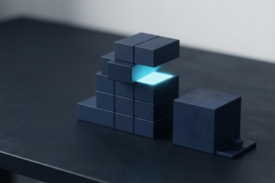 Stepped stack of modular navy blocks with one slid out, beside a single solid block fixed to the desk