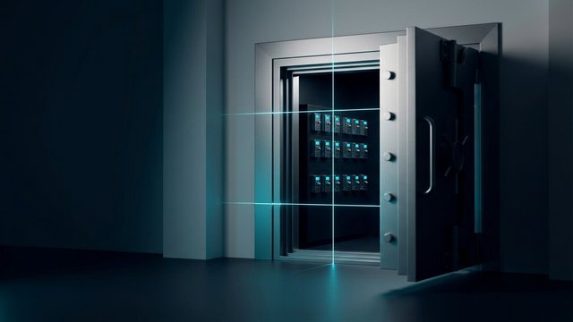 Open vault door revealing rows of glowing hardware modules behind a grid of cyan light beams