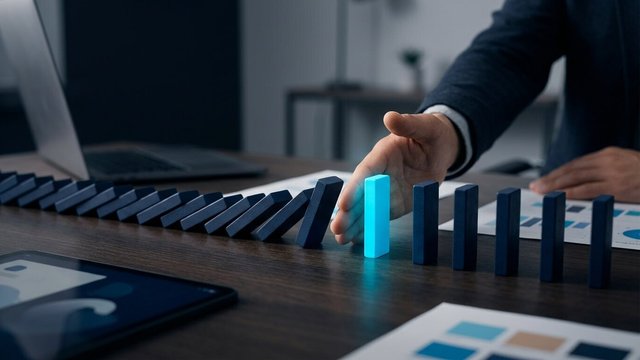 Hand placing a cyan domino to stop a falling chain of dark dominoes before it reaches the last ones