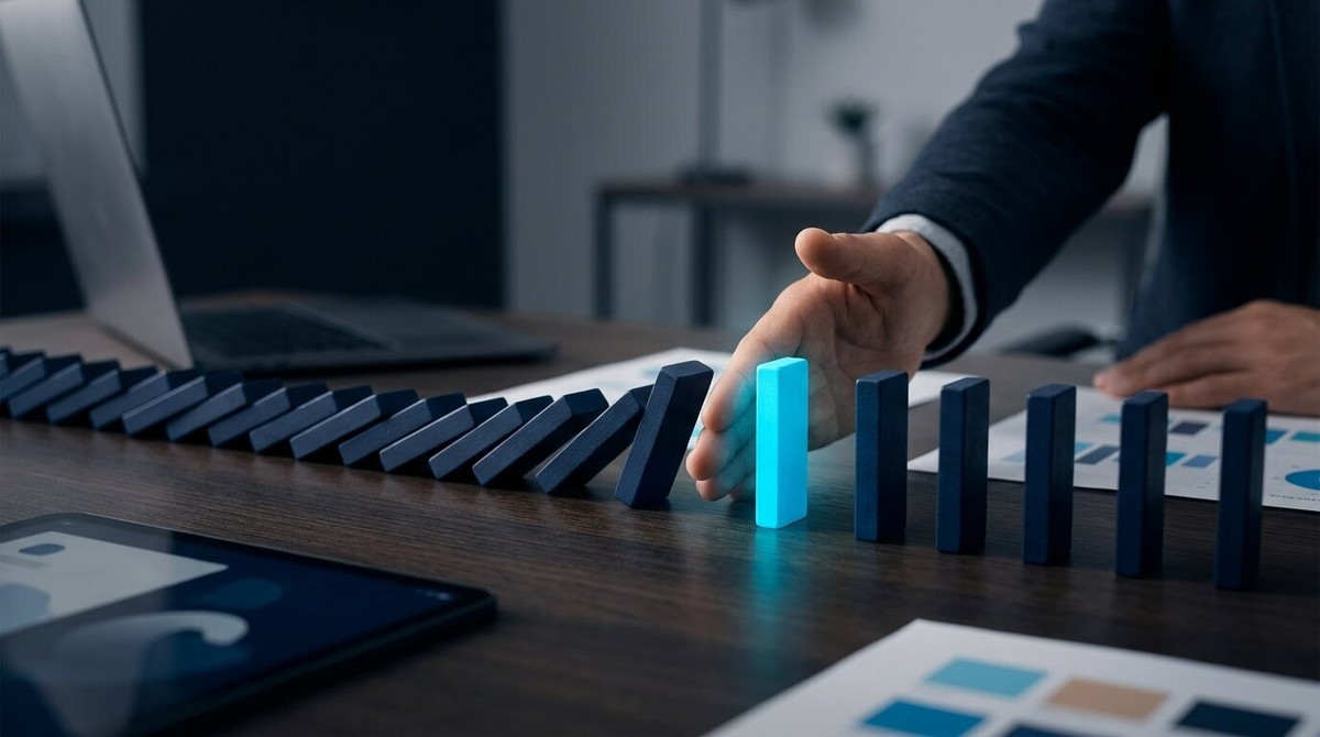 Hand placing a cyan domino to stop a falling chain of dark dominoes before it reaches the last ones