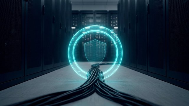 Network cables in a data center aisle passing through a glowing cyan checkpoint ring with a shield pattern