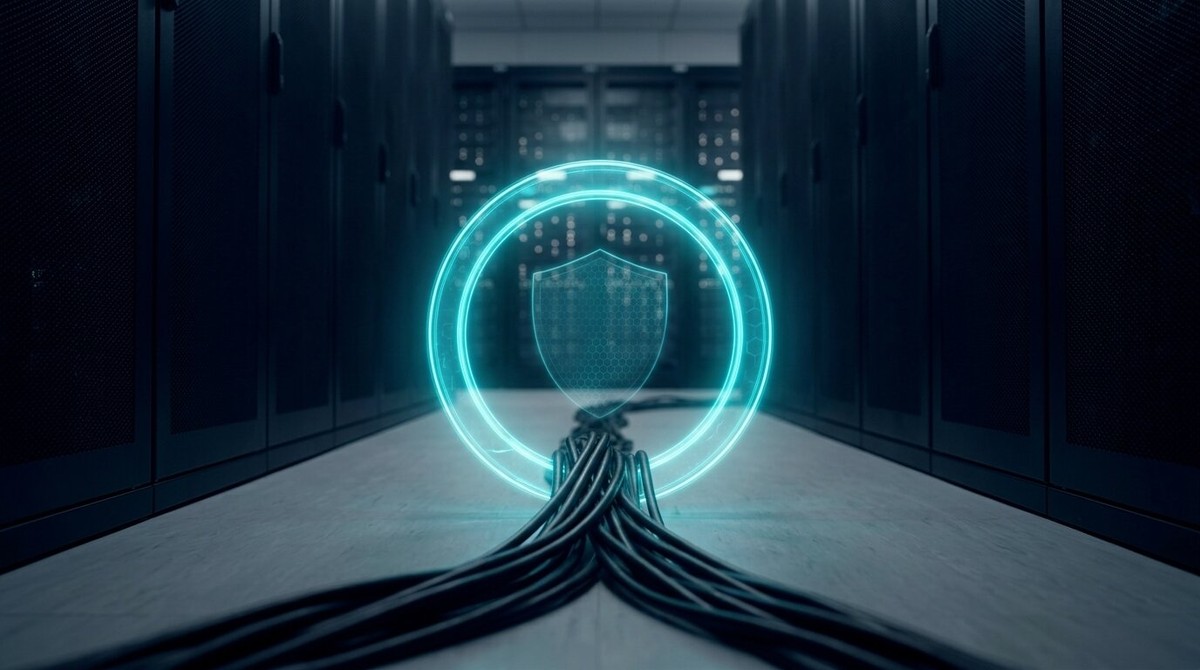 Network cables in a data center aisle passing through a glowing cyan checkpoint ring with a shield pattern
