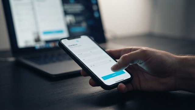 A thumb about to tap the cyan button on a phone checkout screen, with a laptop blurred in the background