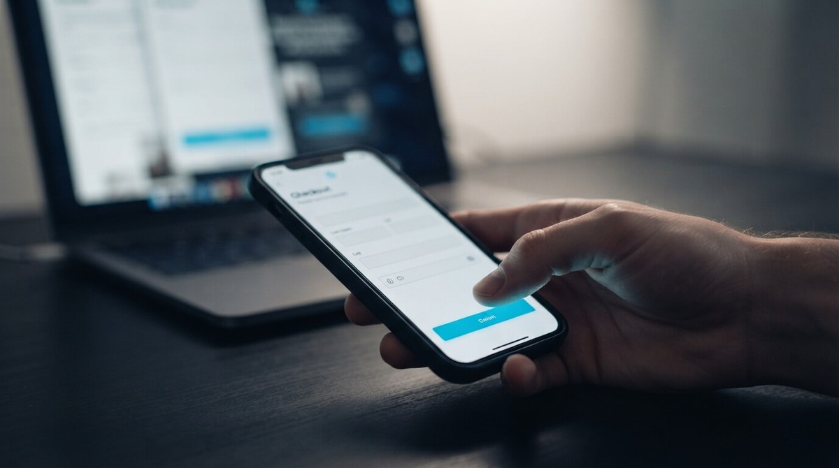 A thumb about to tap the cyan button on a phone checkout screen, with a laptop blurred in the background