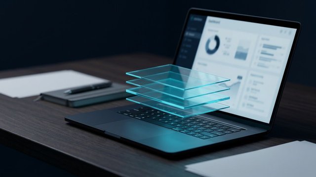 Laptop on a dark desk with four glowing cyan glass layers hovering above the keyboard, like a stacked cost breakdown