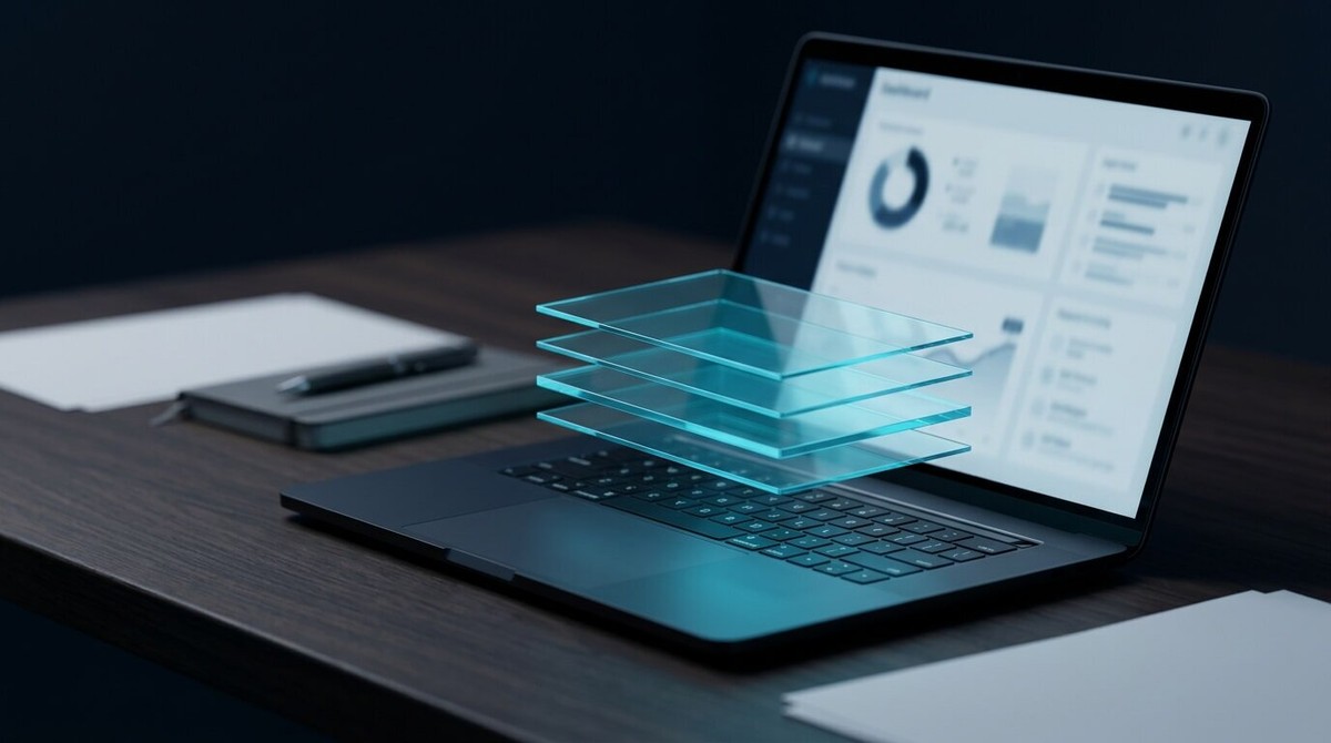 Laptop on a dark desk with four glowing cyan glass layers hovering above the keyboard, like a stacked cost breakdown