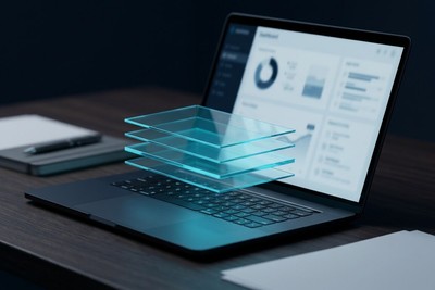 Laptop on a dark desk with four glowing cyan glass layers hovering above the keyboard, like a stacked cost breakdown