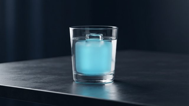 A glass of water with a small ice cube floating at the surface and a much larger glowing cyan mass beneath the waterline