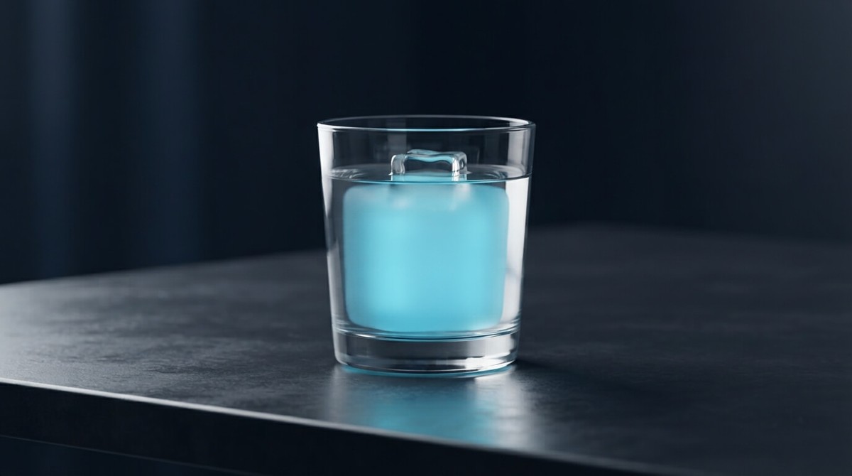 A glass of water with a small ice cube floating at the surface and a much larger glowing cyan mass beneath the waterline
