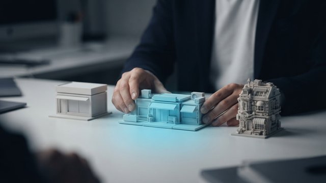 Hands arranging three miniature shopfront models on a desk: a plain white one, a cyan one in the middle and an ornate custom-built one