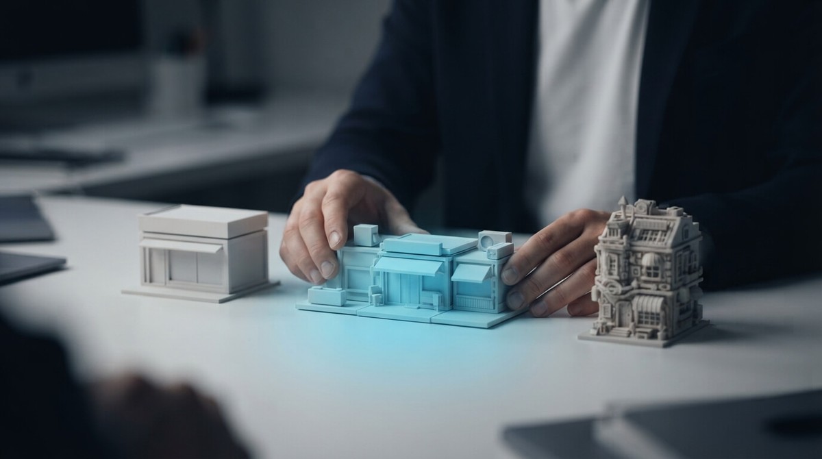 Hands arranging three miniature shopfront models on a desk: a plain white one, a cyan one in the middle and an ornate custom-built one