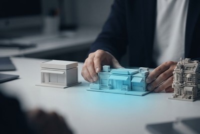 Hands arranging three miniature shopfront models on a desk: a plain white one, a cyan one in the middle and an ornate custom-built one