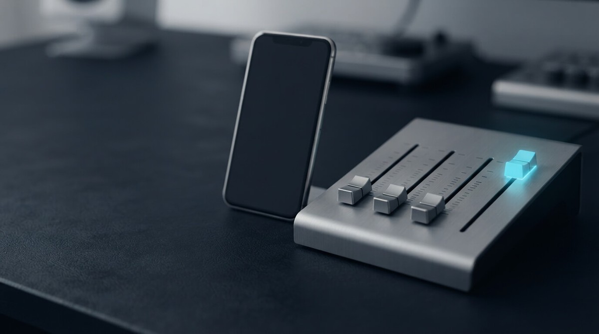 Smartphone beside a compact console of five sliders, one pushed higher than the rest