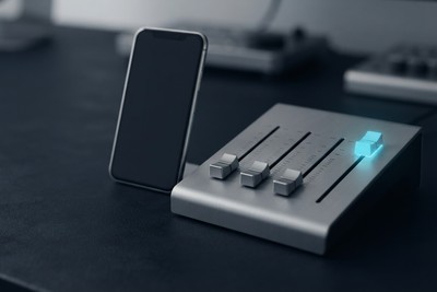 Smartphone beside a compact console of five sliders, one pushed higher than the rest
