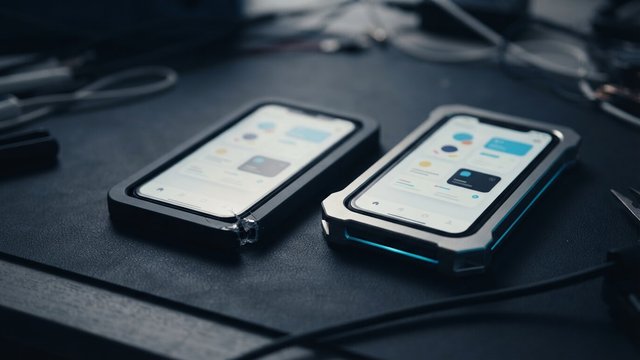 Two phones on a dark desk among tangled cables: one in a plain cracked case, the other in a rugged metal case edged in cyan
