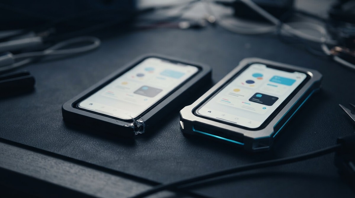 Two phones on a dark desk among tangled cables: one in a plain cracked case, the other in a rugged metal case edged in cyan