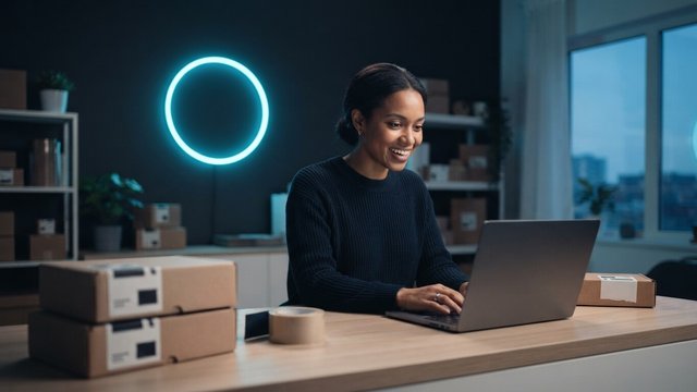A smiling store owner at a laptop among packed parcels, with a glowing cyan ring on the wall behind