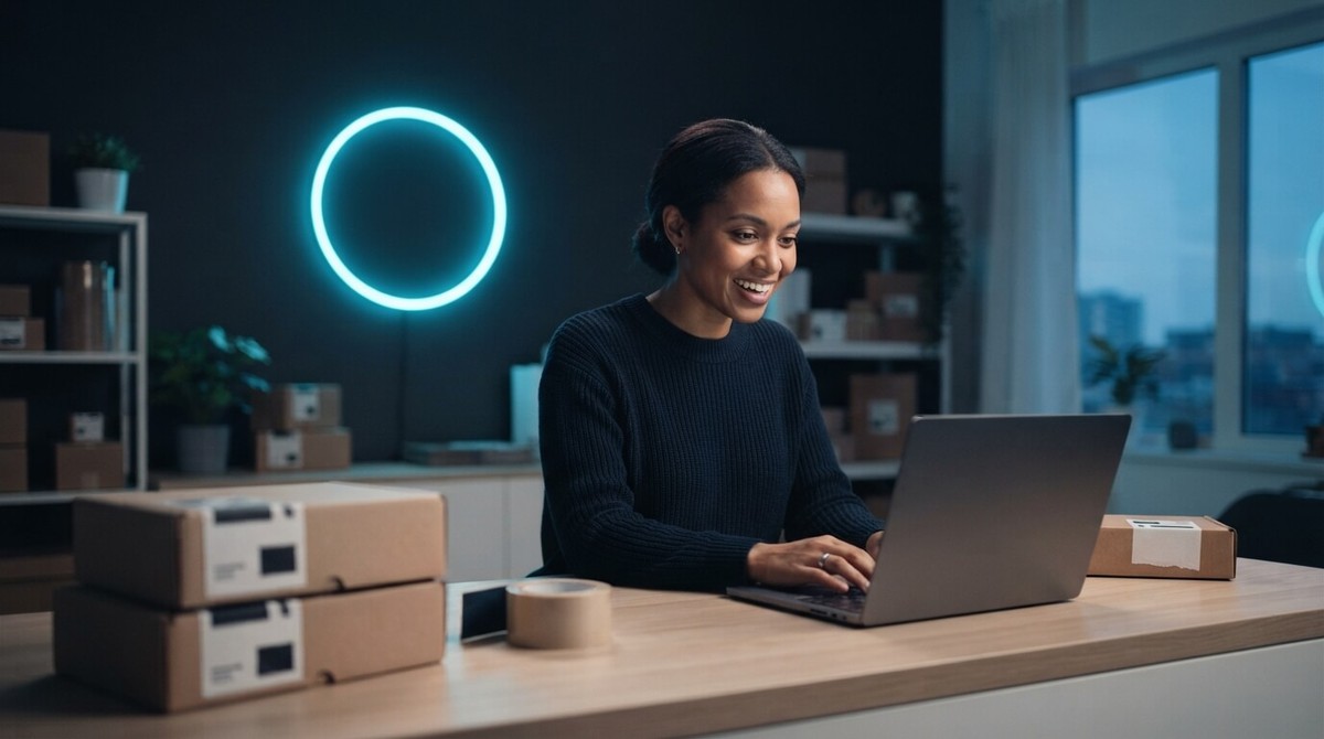 A smiling store owner at a laptop among packed parcels, with a glowing cyan ring on the wall behind