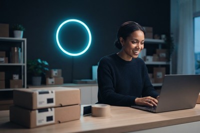 A smiling store owner at a laptop among packed parcels, with a glowing cyan ring on the wall behind