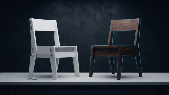 A white bolted flat-pack chair beside a hand-built dark hardwood chair with fine joinery and a cyan rim light, on a workshop bench