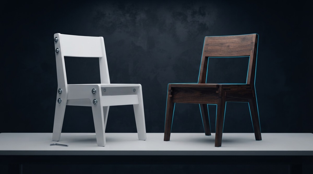 A white bolted flat-pack chair beside a hand-built dark hardwood chair with fine joinery and a cyan rim light, on a workshop bench