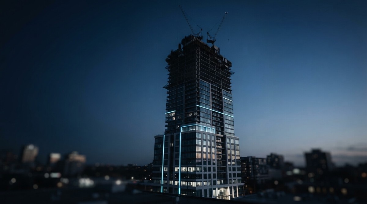 A skyscraper under construction at dusk with cranes on top and cyan light strips running up its lower floors